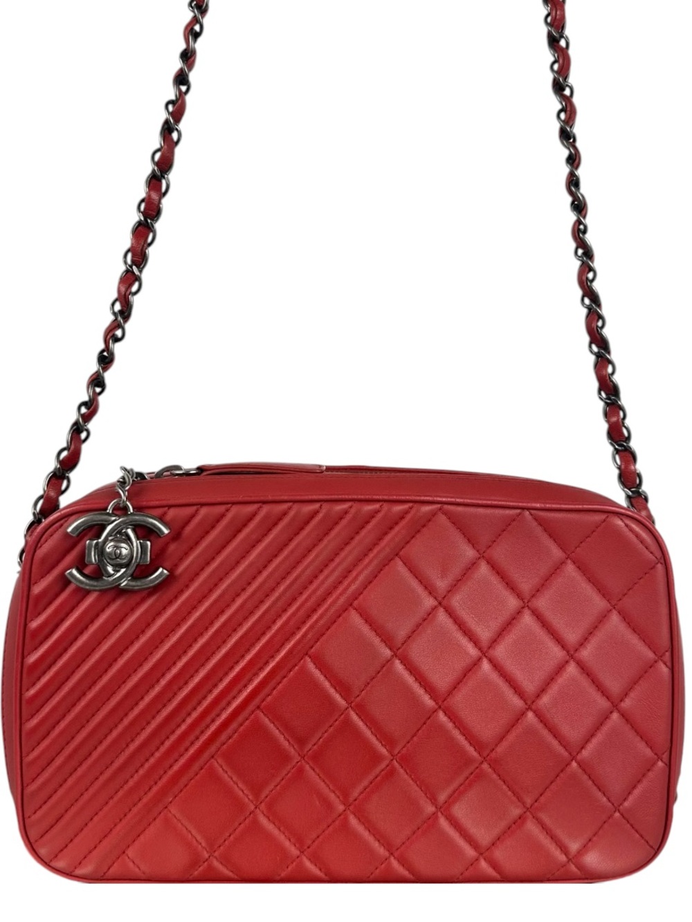 Chanel Boy Camera Bag Red Chevron Quilted Calfskin Double Zip Ruthenium